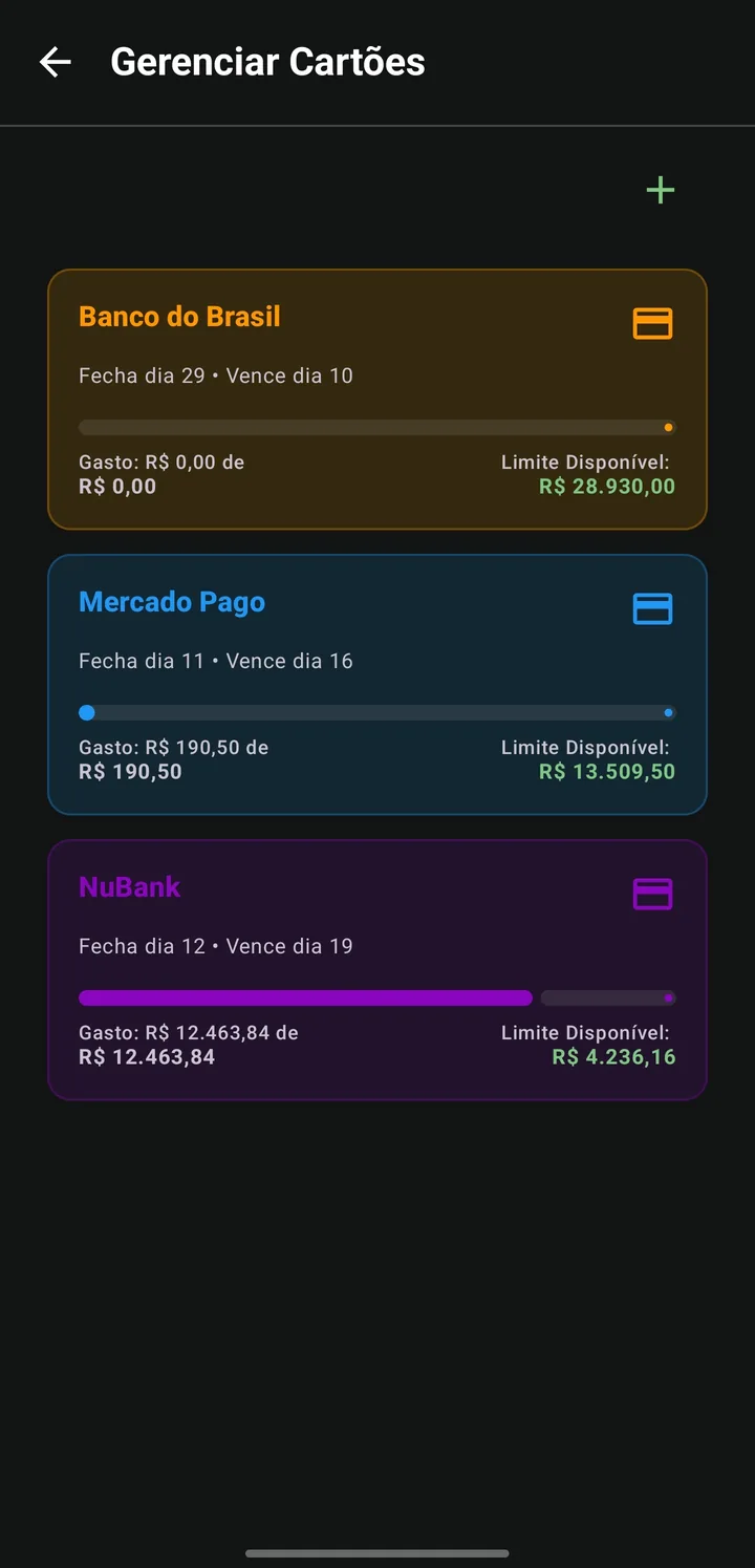 Gerenciar cartões no Silica com limites e cores