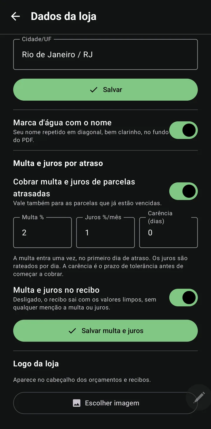 Configuração de multa e juros por atraso em Dados da loja