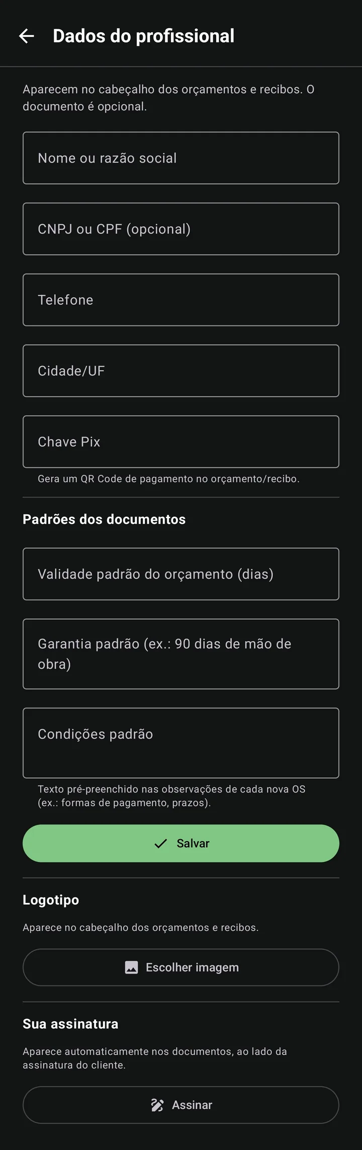 Tela Dados do profissional do Silica Serviços