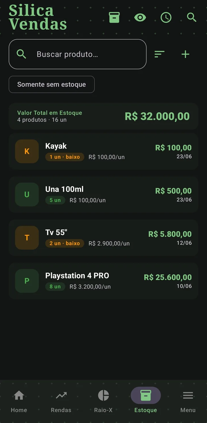 Aba de estoque do Silica Vendas