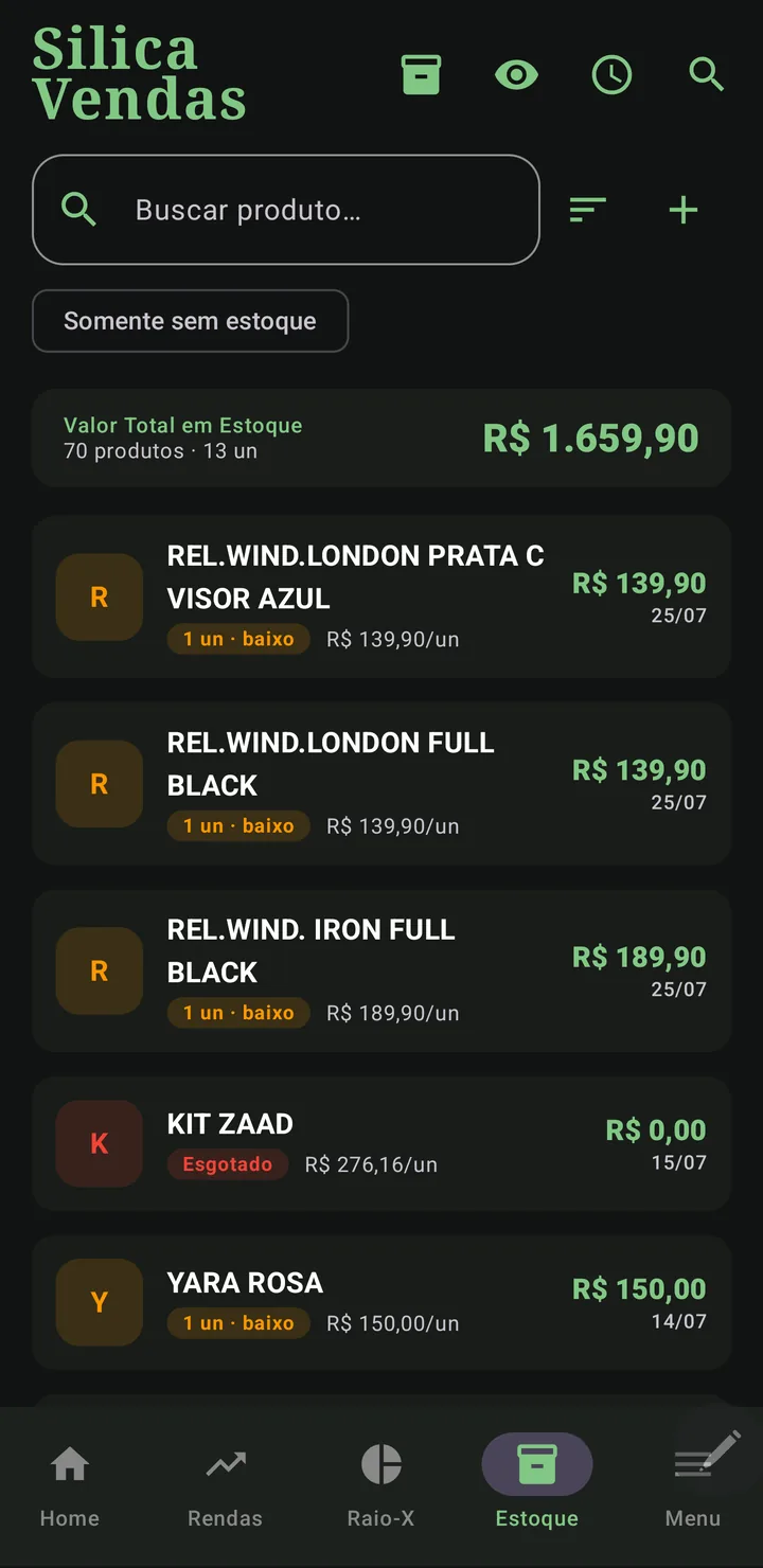 Aba de estoque do Silica Vendas