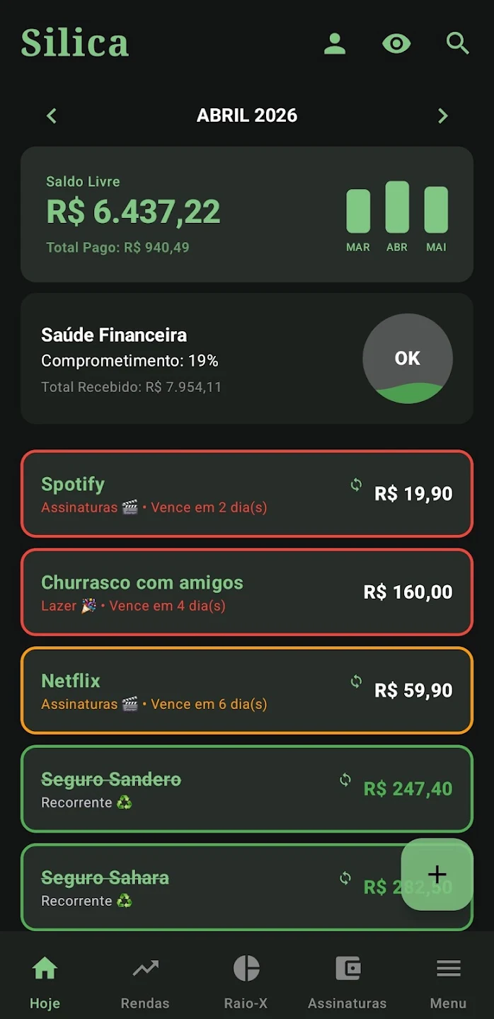 Tela inicial do Silica mostrando saldo, saúde financeira e contas