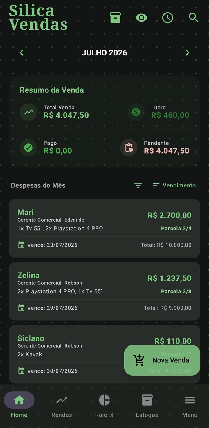 Silica Vendas: resumo do mês e vendas parceladas