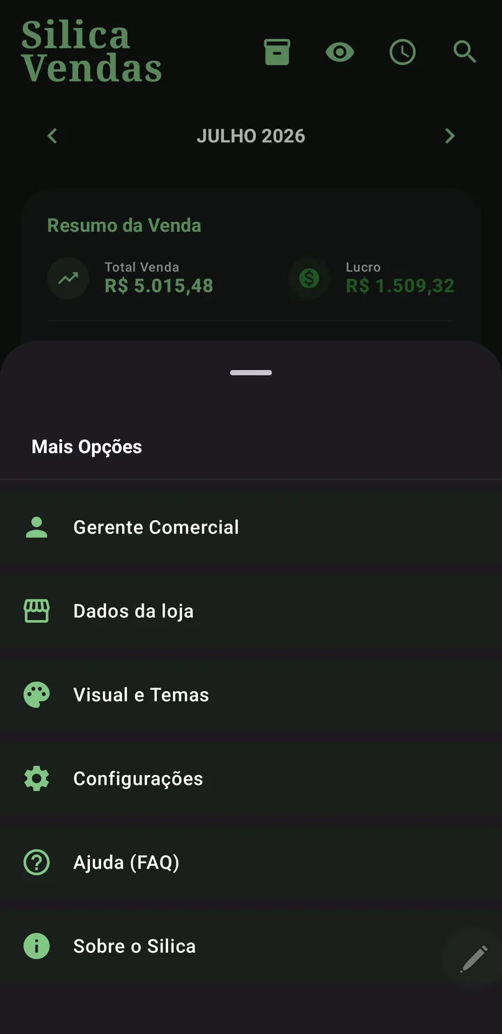 Menu Mais Opções do Silica Vendas, com o item Dados da loja