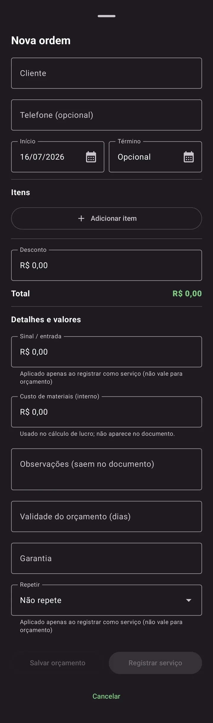 Formulário de nova ordem de serviço no Silica