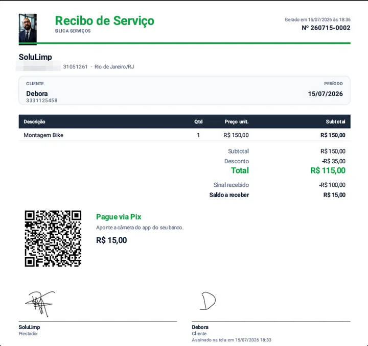 Recibo de Serviço gerado pelo Silica: cabeçalho com logo, itens, sinal e saldo, QR Pix e duas assinaturas